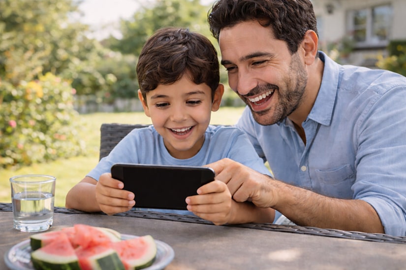Boy using a learning app with his dad.