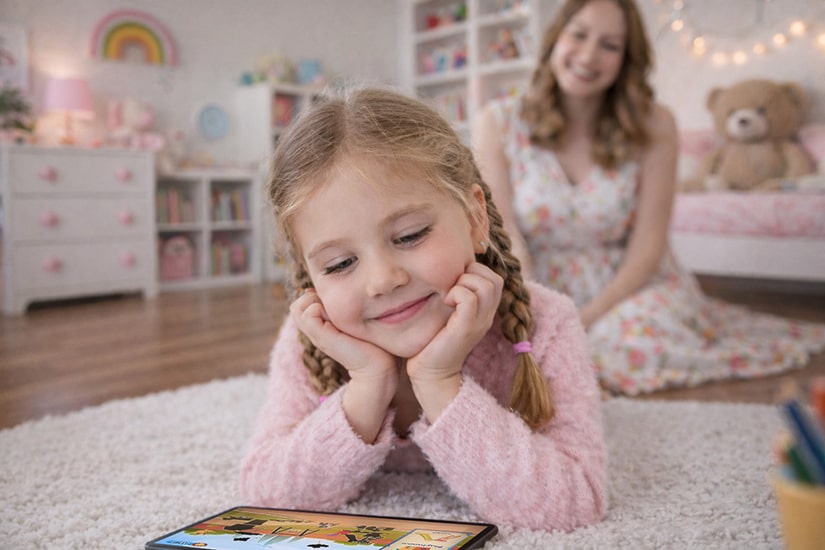 Girl using Smart Minis learning app in her room.